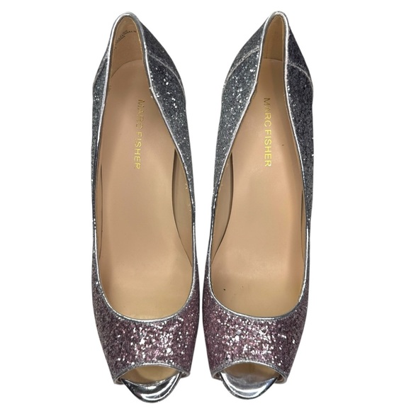 Marc Fisher Harpyly Heels Pumps Sz 9.5 Silver Pink Peep Toe Sparkle Glitter - Picture 4 of 16